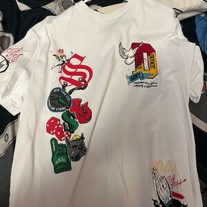 White Graphic T-Shirt with Colorful Patches